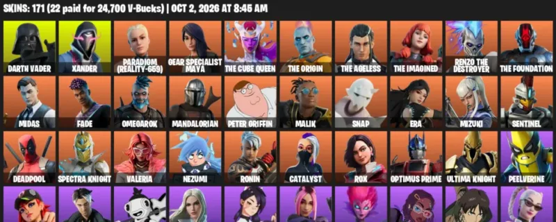 Fortnite account inventory for Darth Vader - Xander - 120 Outfits