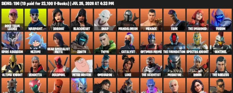 Fortnite Accounts listing: LVL 2548 - Rose Team Leader - Warpaint - 196 Outfits - 196 outfits