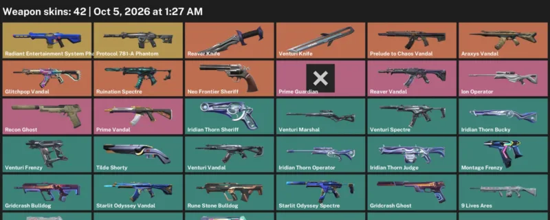 Valorant account inventory for LVL 171 · 42 Skins Reaver Knife & Reaver Knife & Venturi Knife