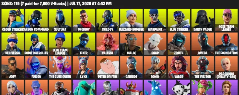 Fortnite Accounts listing: LVL 1910 - Cloud Striker - Carbon Commando - 115 Outfits - 115 outfits