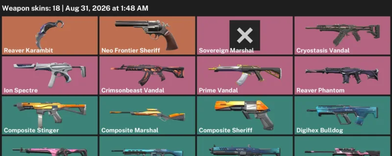 Valorant account inventory for LVL 59 · Reaver Karambit & Composite Sheriff
