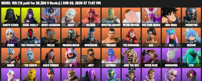 Fortnite account inventory for LVL 2088 - Darth Vader - Dark Skully - 159 Outfits