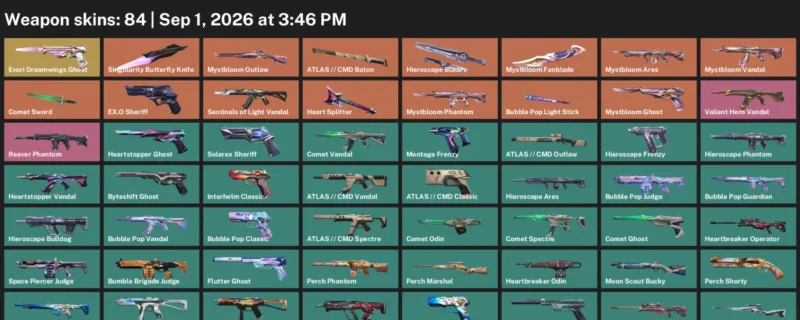 Valorant account inventory for LVL 217 · Singularity Butterfly Knife & Cmd Vandal