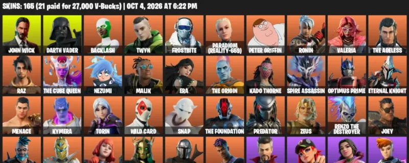 Fortnite account inventory for John Wick - Darth Vader - 120 Outfits