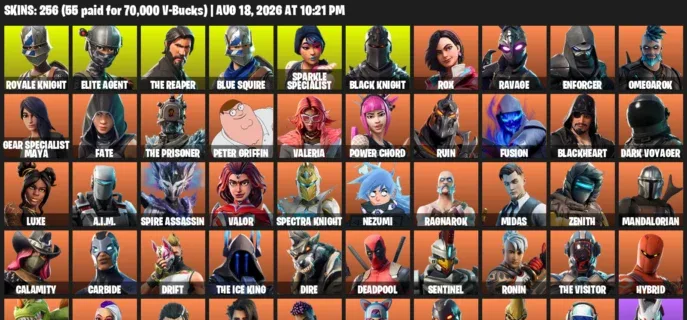 Fortnite account inventory for LVL 2785 - Royale Knight - Elite Agent - 256 Outfits