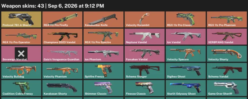 Valorant account inventory for LVL 257 · Champions 2023 Vandal & Velocity Karambit & Xenohunter Knife