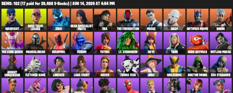 Fortnite account inventory for LVL 1660 - Warpaint - Rose Team Leader - 102 Outfits