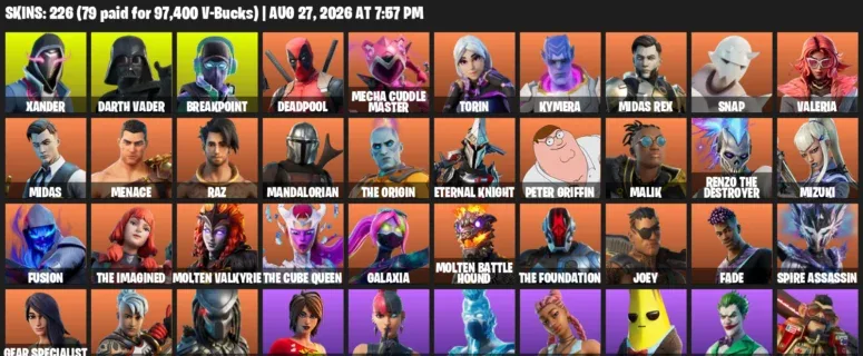 Fortnite account inventory for LVL 2756 - Xander - Darth Vader - 226 Outfits