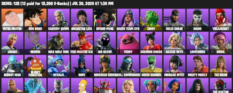 Fortnite Accounts listing: LVL 1185 - Peter Griffin - Son Goku - 128 Outfits - 128 outfits