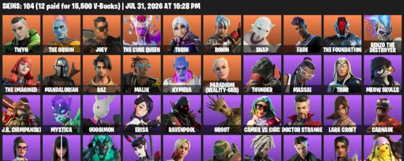 Fortnite account inventory for LVL 1177 - Twyn - The Origin - 104 Outfits