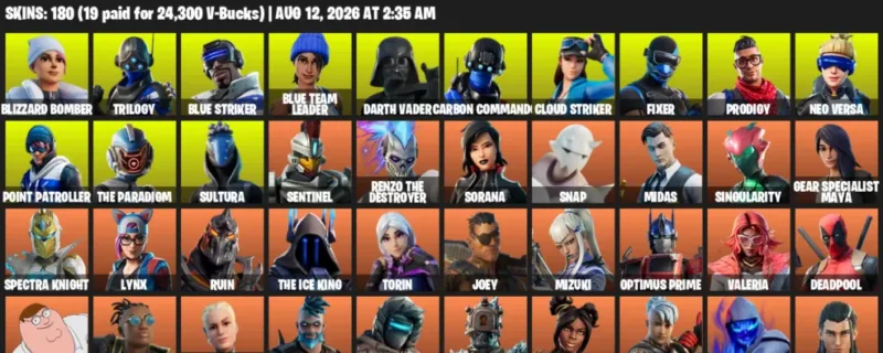 Fortnite account inventory for LVL 2167 - Blizzard Bomber - Trilogy - 180 Outfits