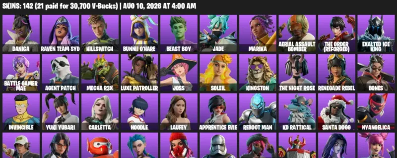 Fortnite account inventory for LVL 804 - Danica - Raven Team Syd - 142 Outfits