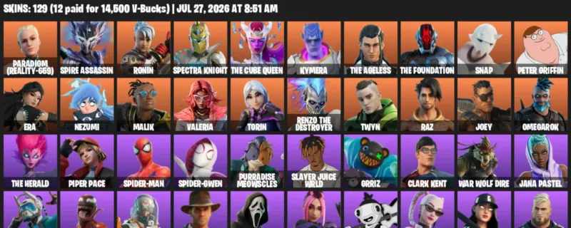 Fortnite Accounts listing: LVL 1565 - Paradigm (Reality-659) - Spire Assassin - 129 Outfits - 129 outfits