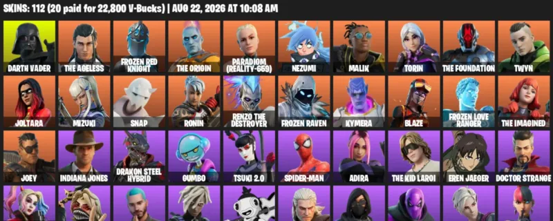 Fortnite account inventory for LVL 1091 - Darth Vader - The Ageless - 112 Outfits