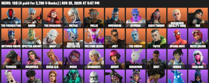 Fortnite account inventory for LVL 1856 - The Foundation - Ronin - 108 Outfits