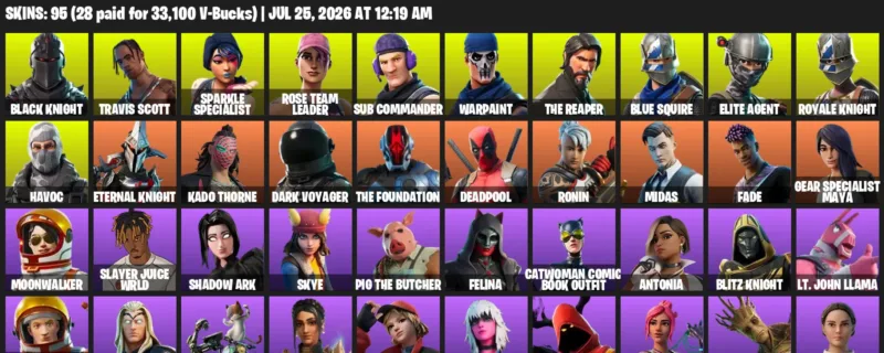 Fortnite Accounts listing: LVL 3320 - Black Knight - Travis Scott - 95 Outfits - 95 outfits
