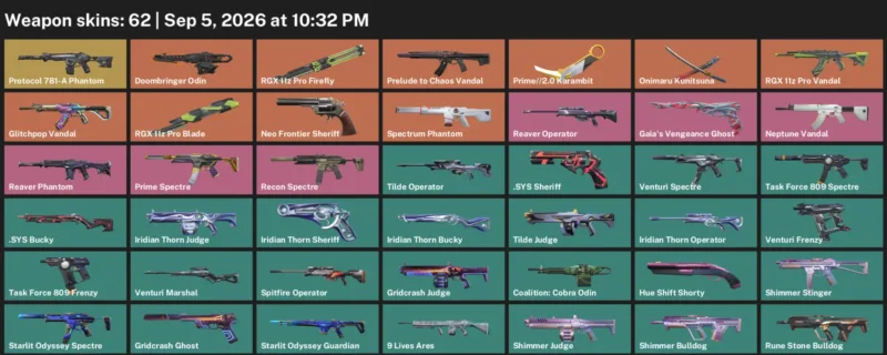 Valorant account inventory for LVL 82 · 2.0 Karambit & RGX 11z Pro Blade & 62 Skins Prime
