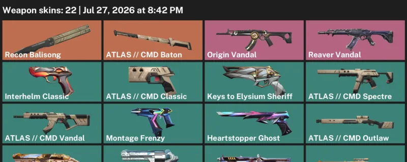 Valorant Accounts listing: LVL 133 · ATLAS // CMD Baton & ATLAS // CMD Classic · 22 Skins - Gold 1, 22 skins