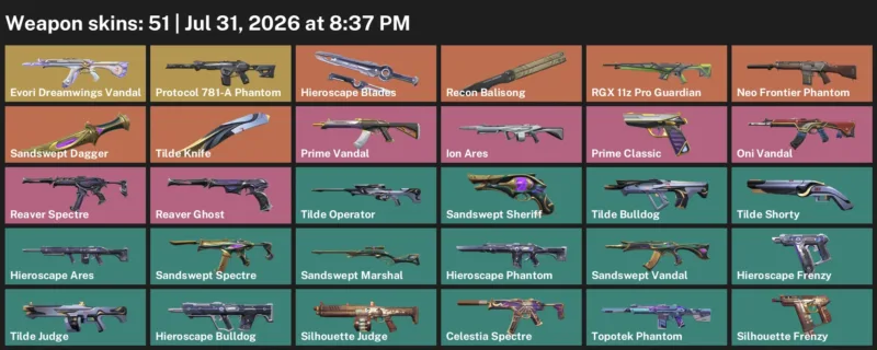 Valorant account inventory for LVL 111 · Tilde Knife & Evori Dreamwings Vandal