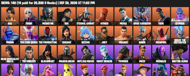 Fortnite account inventory for Raz - Torin - 120 Outfits