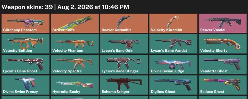 Valorant account inventory for LVL 204 · Reaver Karambit & Striker Knife & 39 Skins Reaver Karambit