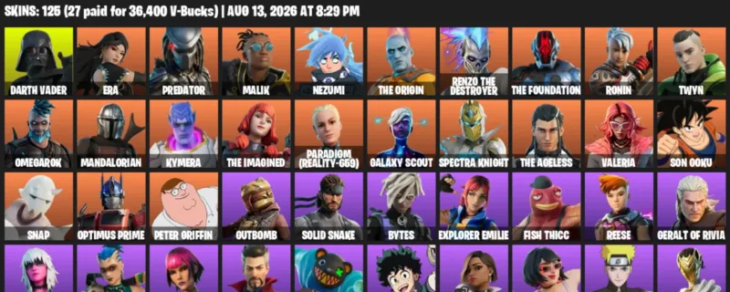 Fortnite account inventory for LVL 1793 - Darth Vader - Era - 125 Outfits