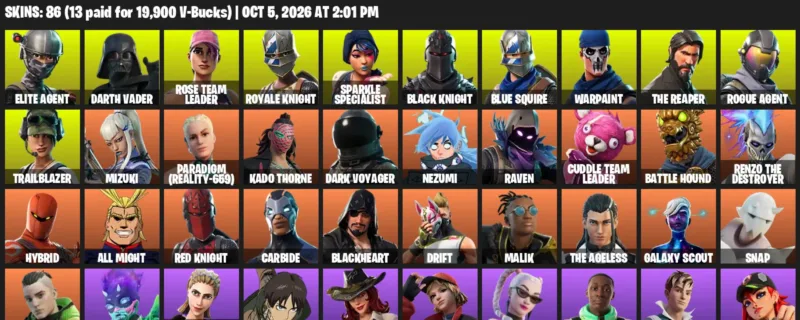 Fortnite account inventory for Elite Agent - Darth Vader - 86 Outfits