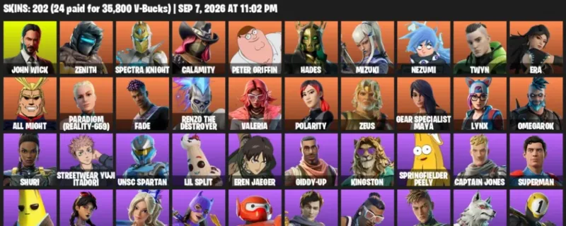 Fortnite account inventory for LVL 3662 - John Wick - Zenith - 202 Outfits