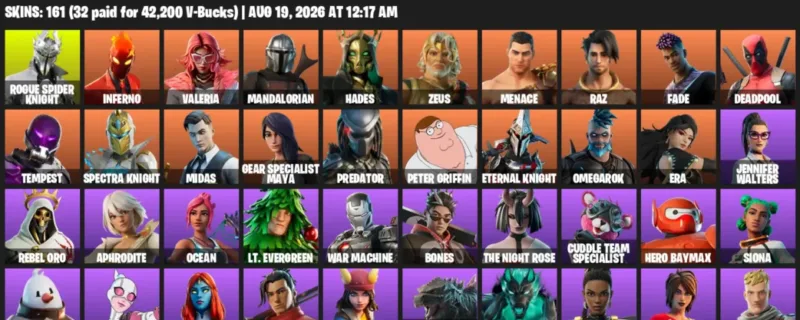 Fortnite account inventory for LVL 2446 - Rogue Spider Knight - Inferno - 161 Outfits