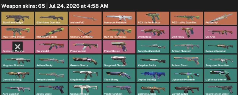 Valorant Accounts listing: LVL 119 · RGX 11z Pro Blade · 65 Skins - Silver 1, 65 skins