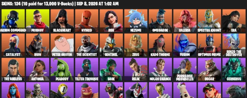 Fortnite account inventory for LVL 2309 - Carbon Commando - Prodigy - 124 Outfits