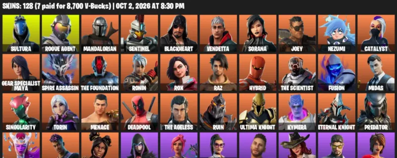 Fortnite account inventory for Sultura - Rogue Agent - 120 Outfits