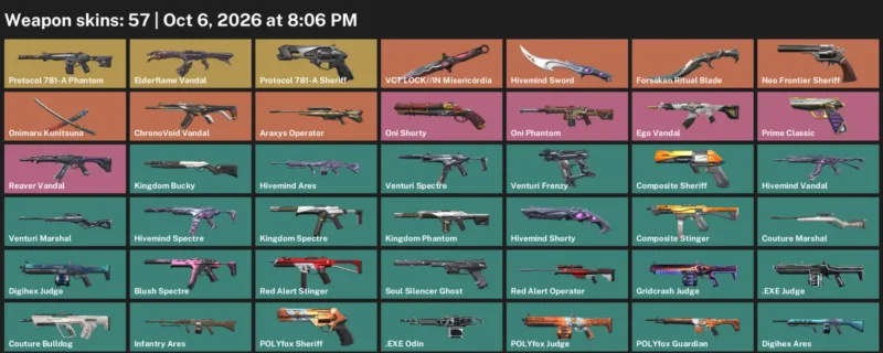 Valorant account inventory for LVL 63 · 57 Skins Forsaken Ritual Blade