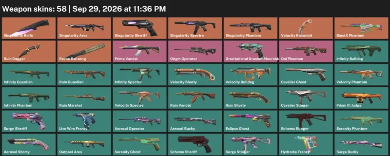 Valorant account inventory for LVL 109 · Velocity Karambit & Ruin Dagger & Singularity Knife