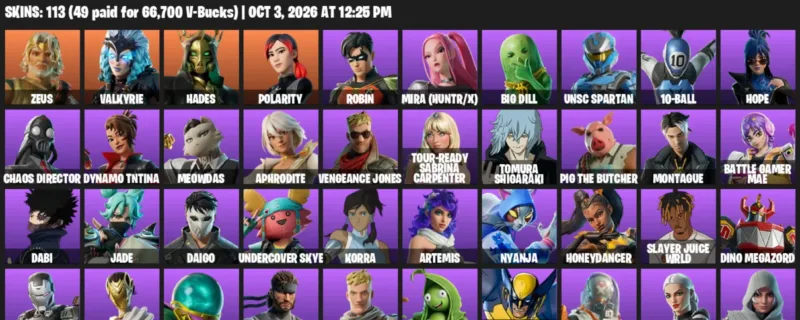 Fortnite account inventory for Zeus - Valkyrie - 113 Outfits