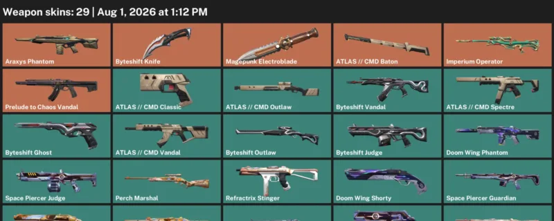 Valorant account inventory for LVL 72 · Araxys Phantom & Byteshift Knife
