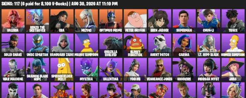 Fortnite account inventory for LVL 1578 - Valeria - Renzo the Destroyer - 117 Outfits