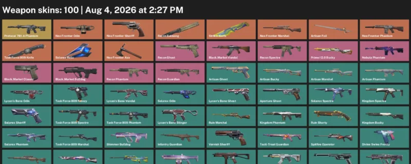 Valorant account inventory for LVL 126 · Task Force 809 Knife & 100 Skins Striker Knife