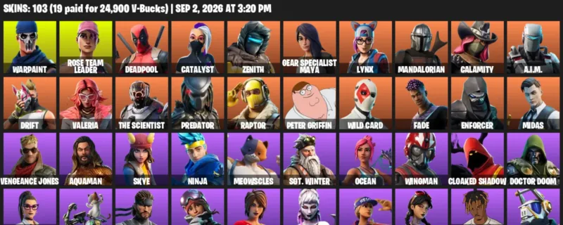 Fortnite account inventory for LVL 1444 - Warpaint - Rose Team Leader - 103 Outfits