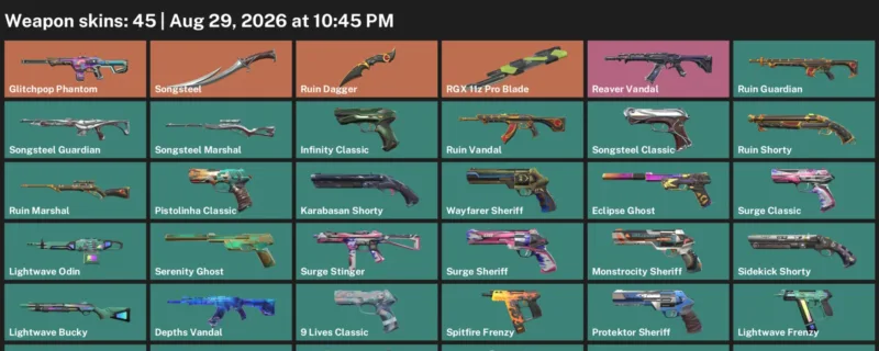Valorant account inventory for LVL 276 · RGX 11z Pro Blade & Ruin Dagger & 45 Skins RGX 11z Pro Blade
