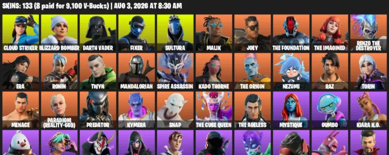 Fortnite account inventory for LVL 1852 - Cloud Striker - Blizzard Bomber - 133 Outfits