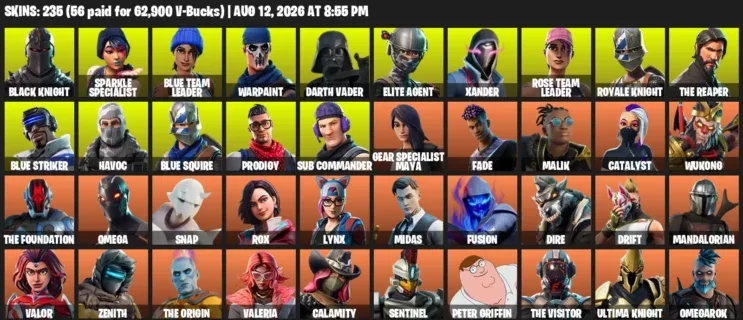Fortnite account inventory for LVL 3451 - Black Knight - Sparkle Specialist - 235 Outfits