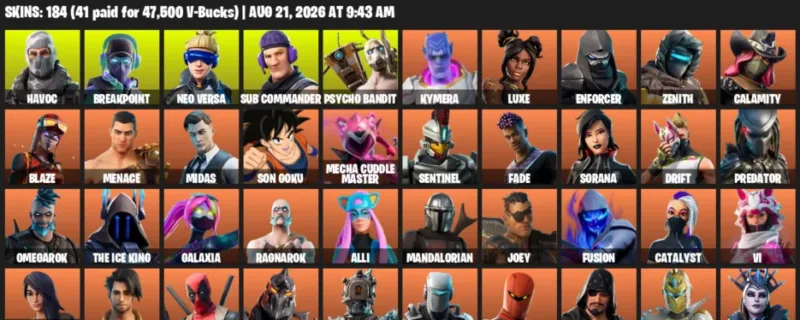 Fortnite account inventory for LVL 2204 - Havoc - Breakpoint - 184 Outfits