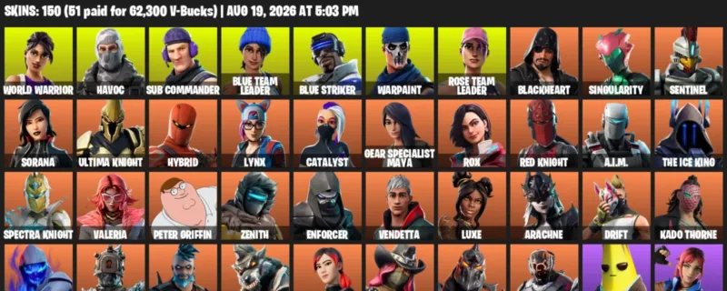 Fortnite account inventory for LVL 1650 - World Warrior - Havoc - 150 Outfits