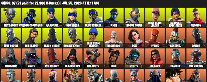 Fortnite Accounts listing: LVL 1759 - Elite Agent - Carbon Commando - 97 Outfits - 97 outfits