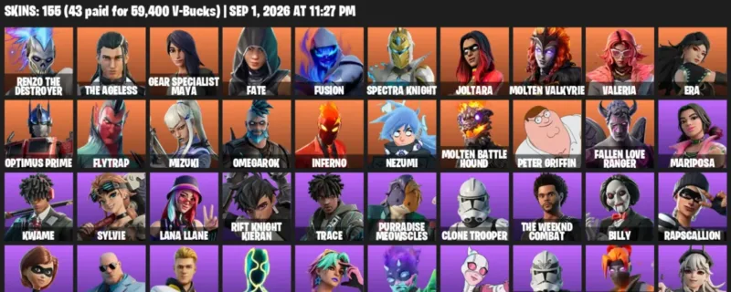 Fortnite account inventory for LVL 1111 - Renzo the Destroyer - The Ageless - 155 Outfits