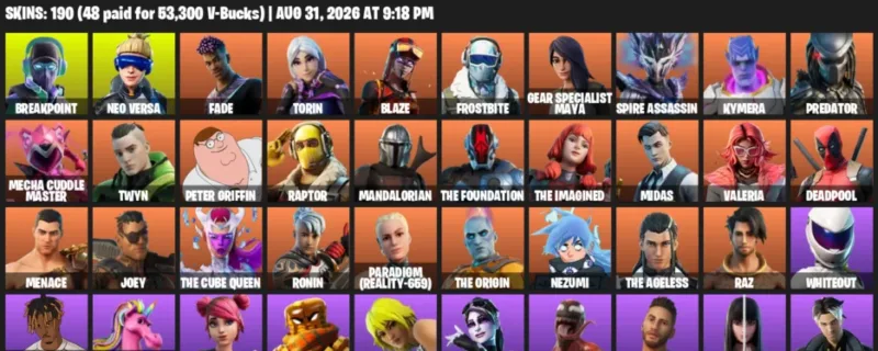 Fortnite account inventory for LVL 3316 - Breakpoint - Neo Versa - 190 Outfits
