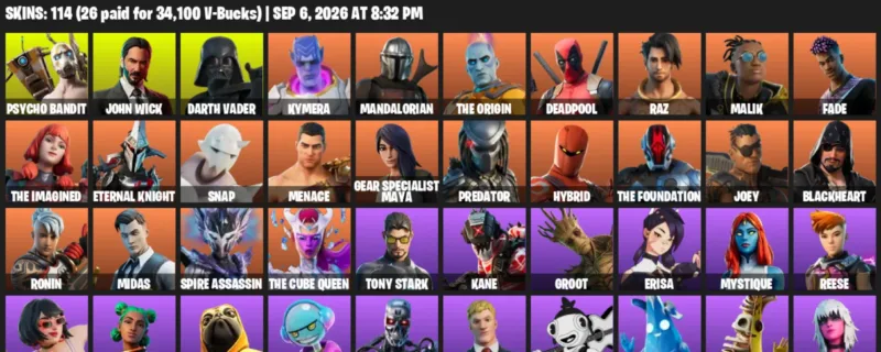 Fortnite account inventory for LVL 1465 - Psycho Bandit - John Wick - 114 Outfits