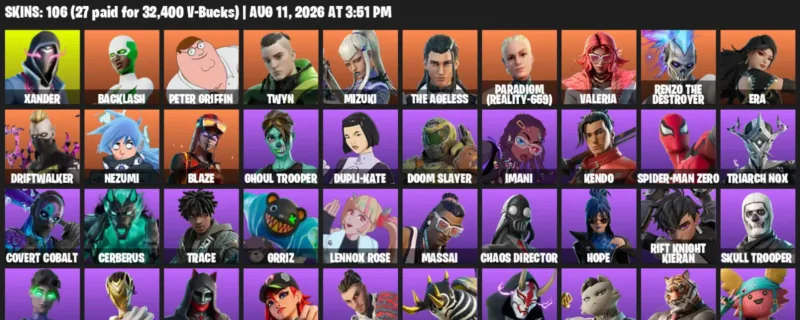 Fortnite account inventory for LVL 1950 - Xander - Backlash - 106 Outfits