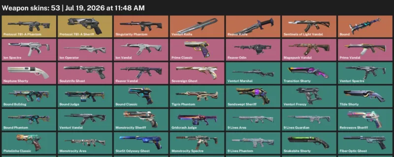 Valorant Accounts listing: LVL 244 · Reaver Knife & Venturi Knife · 53 Skins - Gold 1, 53 skins